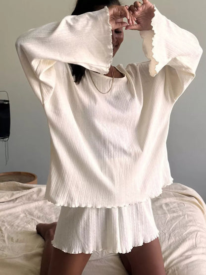 Ribbed Knit Long Sleeve Top and Shorts Lounge Set- Shopimist- {{Product type}}