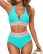 Yonique Womens Turquoise Halter Bikini with Tummy Control - Turquoise Large - swimwear