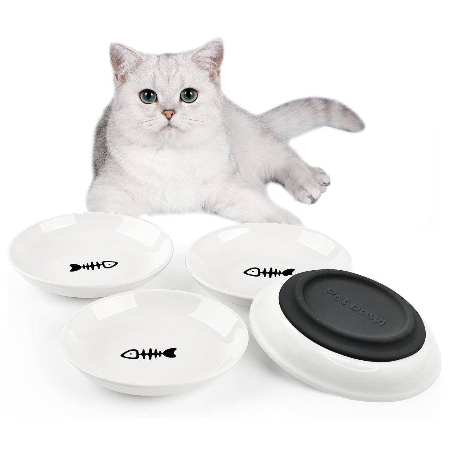4-Pack Ceramic Cat Bowls with Non-Slip Base - - bowls