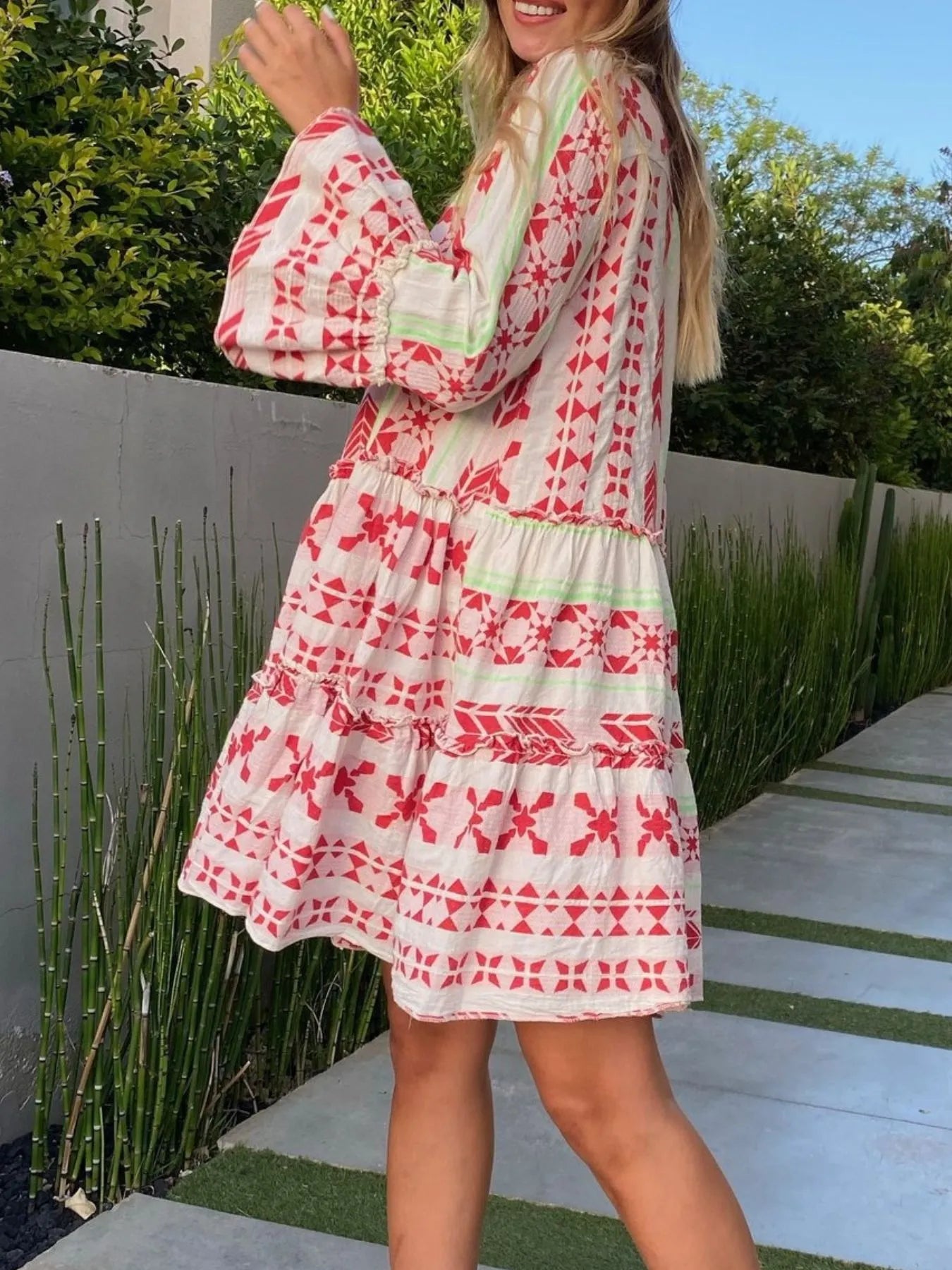 Printed Tiered Babydoll Dress - -