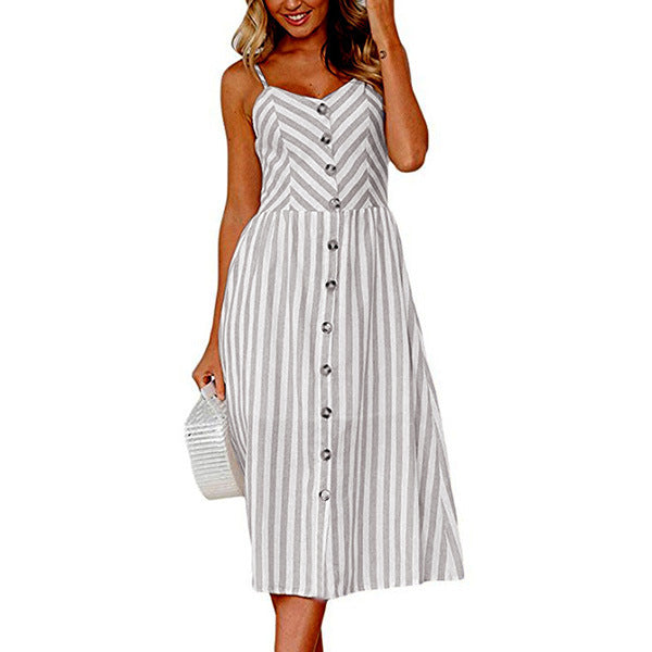 Summer Women's Midi Dress Ladies Casual Striped Slip Dress