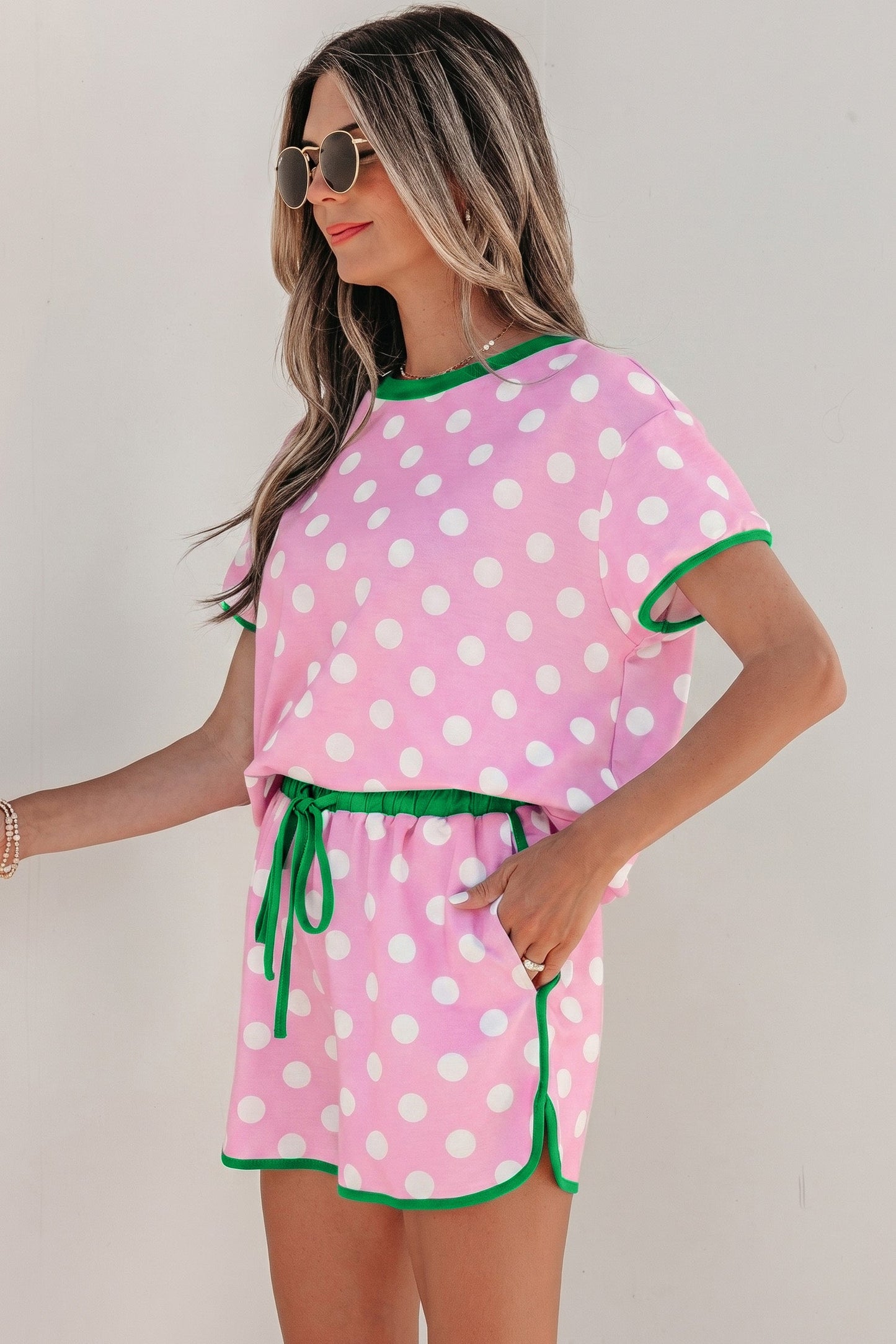 Pink Polka Dot Contrast Edge Casual Short Set - - Two Piece Sets/Short Sets
