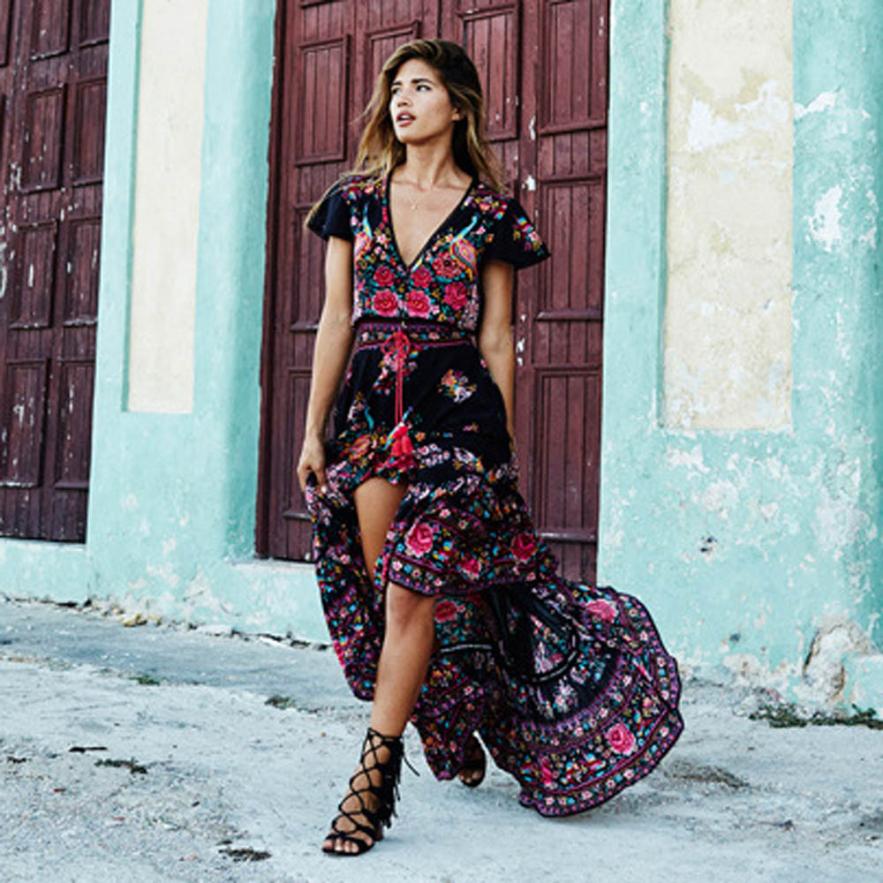 Peacock Print Vintage V-Neck Floral Dress - - dress