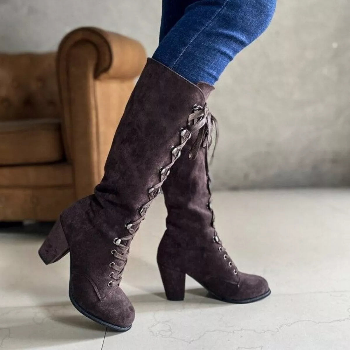 Lace Up Block Heels Boots - -