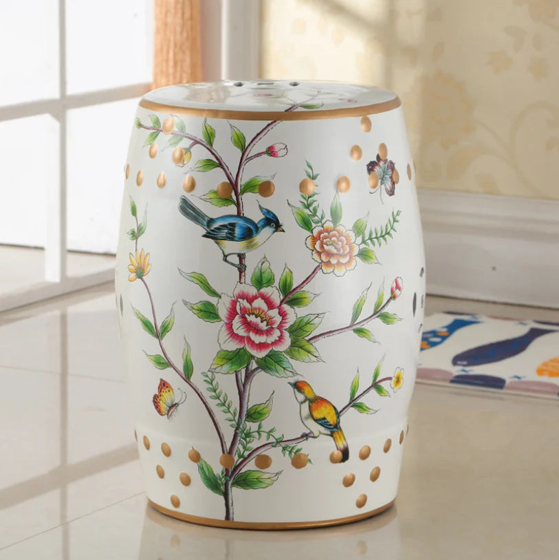 Decorative Drum Ceramic Stools Hand Painted Chinese Flower and Bird Pattern Art