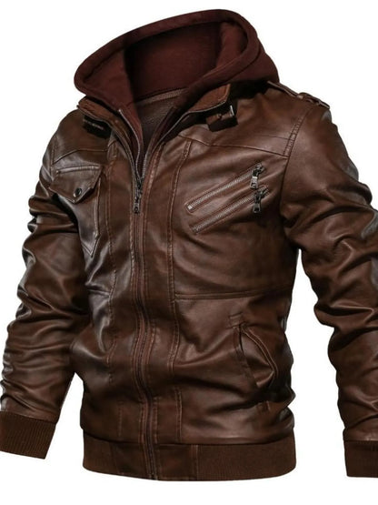 Men's Full Size Vintage Hooded Leather Jacket Plus Size - -