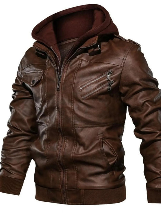 Men's Full Size Vintage Hooded Leather Jacket Plus Size - -