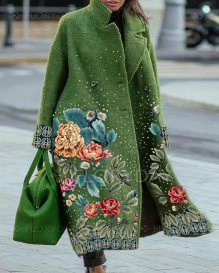 Winter Long Sleeve Lapel Jacket Printed Wool Long Winter Cashmere Coats