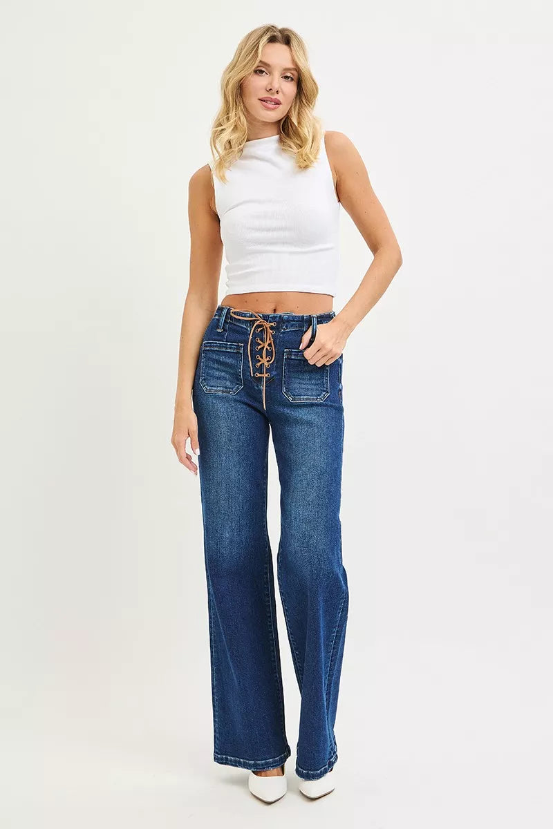 RISEN Full Size High Rise Wide Leg Jeans with Front Tie - - jeans