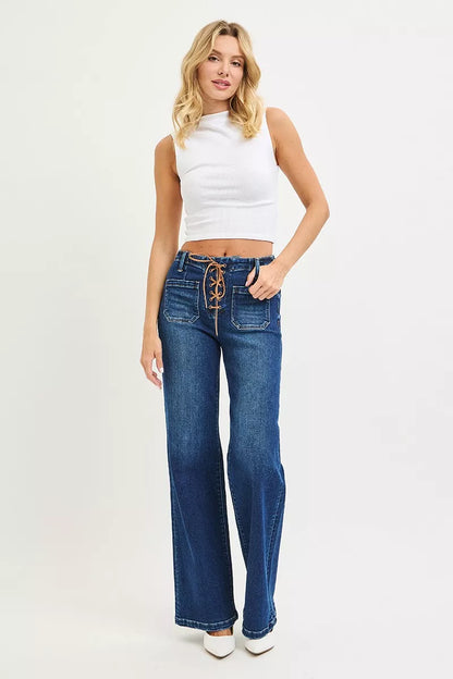 RISEN Full Size High Rise Wide Leg Jeans with Front Tie - - jeans
