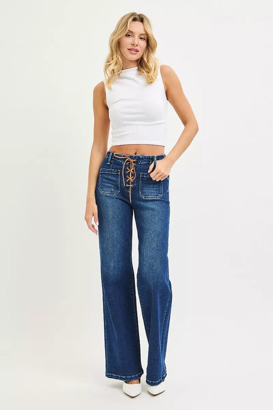 RISEN Full Size High Rise Wide Leg Jeans with Front Tie - - jeans
