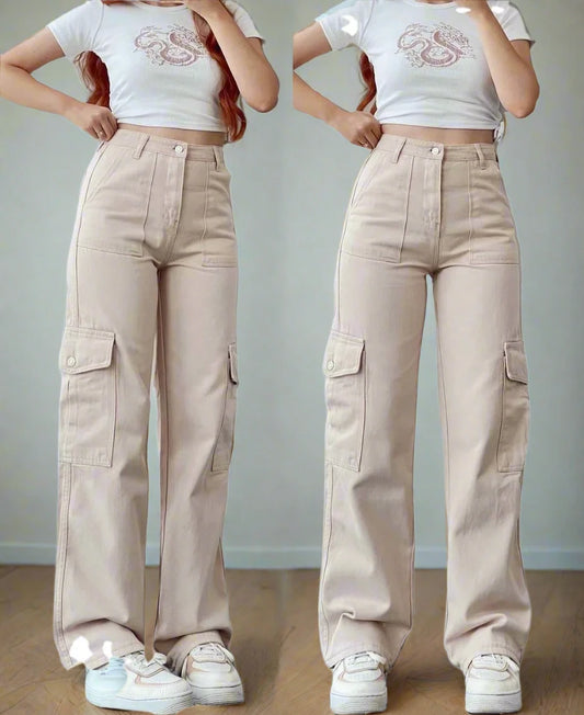 Cargo Pants Ladies Casual High Waisted Trousers With Pocket