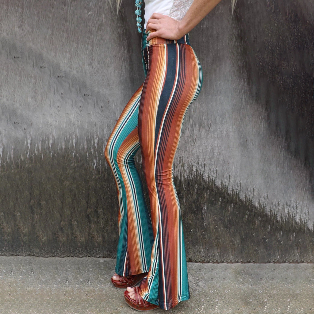 Fashion Print Tight High Waist Casual Pants Flared Pants - - 4