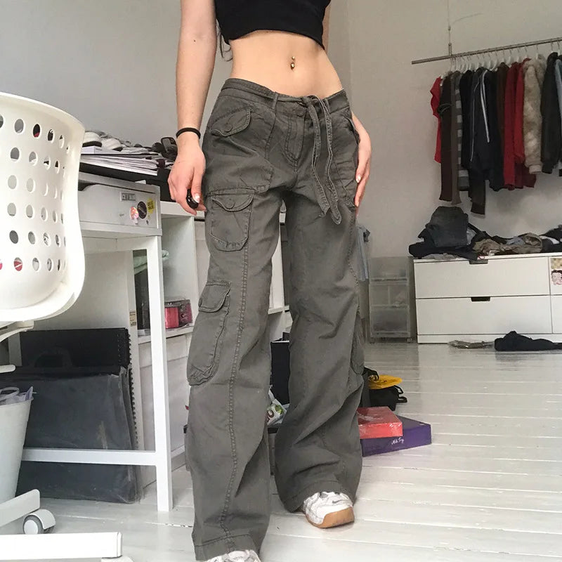 Y2K Pockets Cargo Pants Straight Oversize Pants Low Waist Wide Leg Baggy Jeans