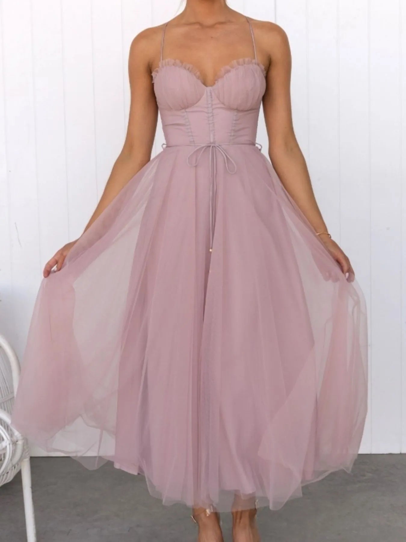 Sweetheart Neck Tulle Midi Dress - -