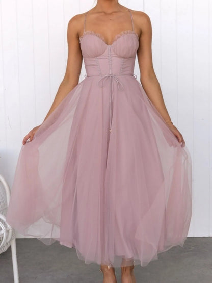 Sweetheart Neck Tulle Midi Dress - -