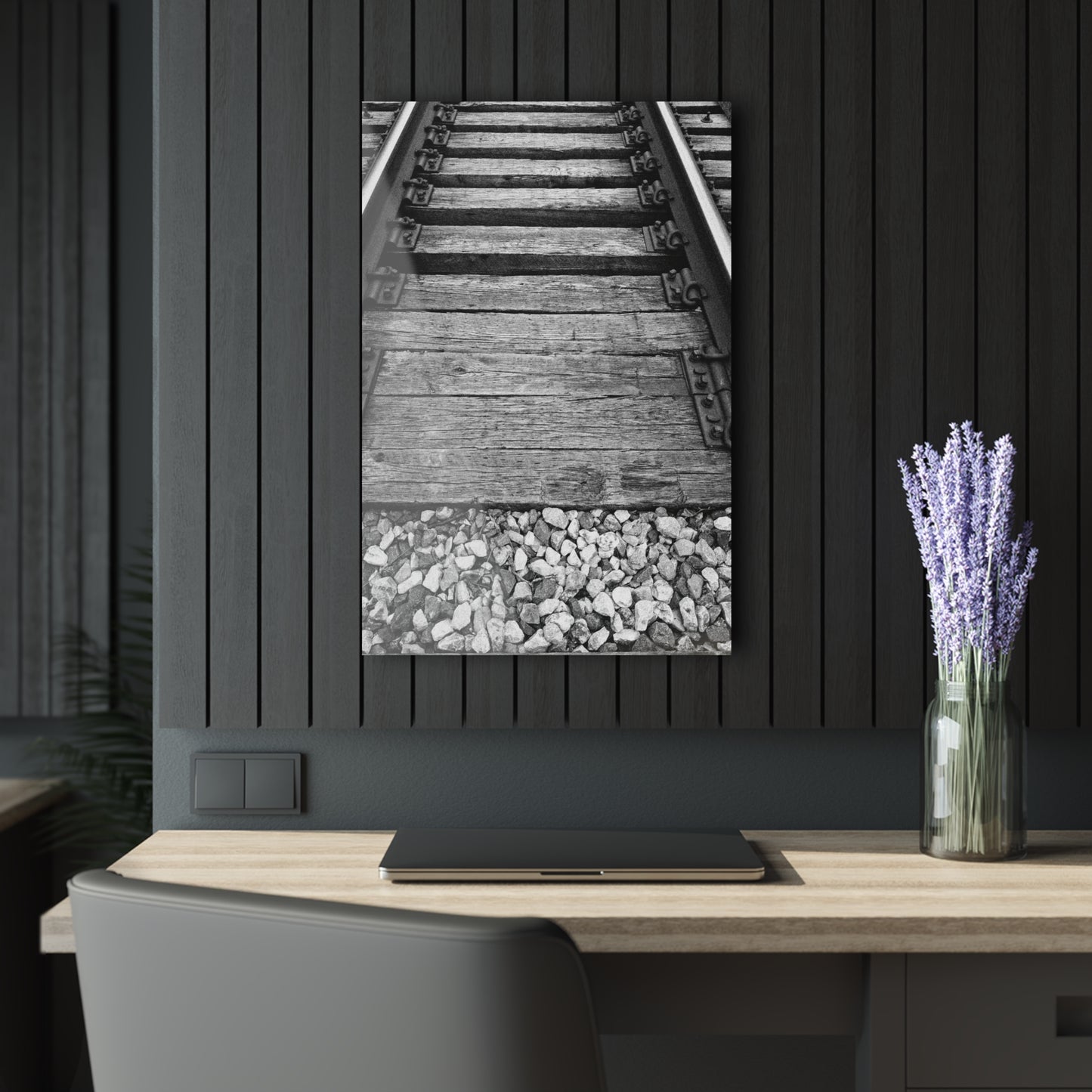 Railroad Track Black & White Acrylic Print — Vintage Track Photography Wall Art French Cleat Hanging - 20″ x 30″ (Vertical) 0.25'' - Home Decor