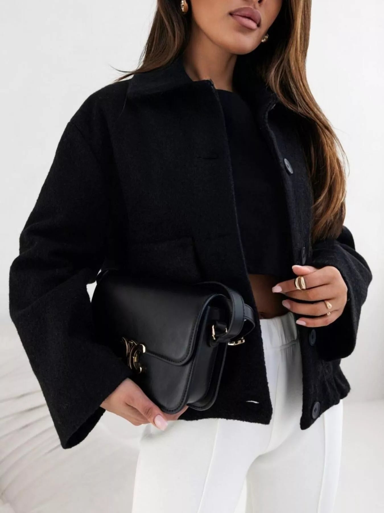 Button-Down Long Sleeve Outerwear - Black -