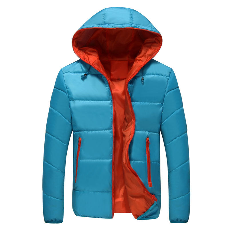 Mens Hooded Thick Down Cotton Coat - Blue and Orange M - coat