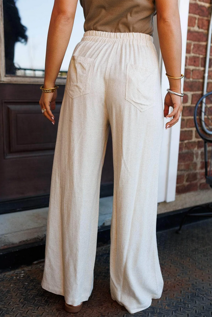 Jet Stream Drawstring Elastic Waist Button Pleated Detail Wide Leg Pants - - Bottoms/Pants & Culotte