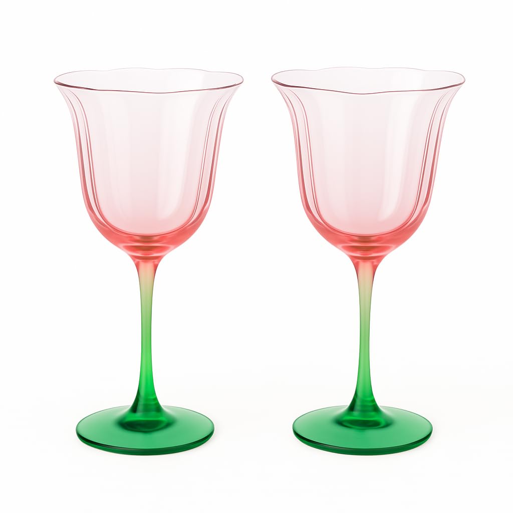 Khen Blossom Pink Tulip Wine Glasses Set of 2 Hand Blown Colored Crystal - - stemware
