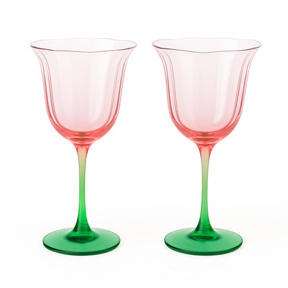 Khen Blossom Pink Tulip Wine Glasses Set of 2 Hand Blown Colored Crystal - - stemware