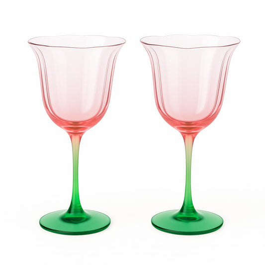 Khen Blossom Pink Tulip Wine Glasses Set of 2 Hand Blown Colored Crystal - - stemware
