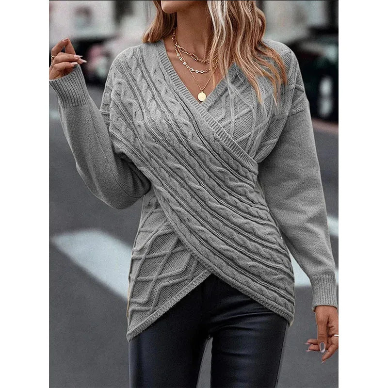 Women's V-Neck Long Sleeve Overlap Braided Sweater Solid Color Knitted Sweater