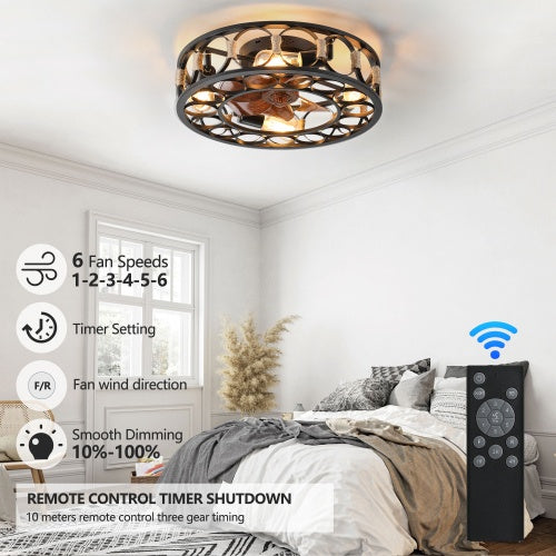Black Cage Ceiling Fan With Light Remote Control 6 Speed - - fan