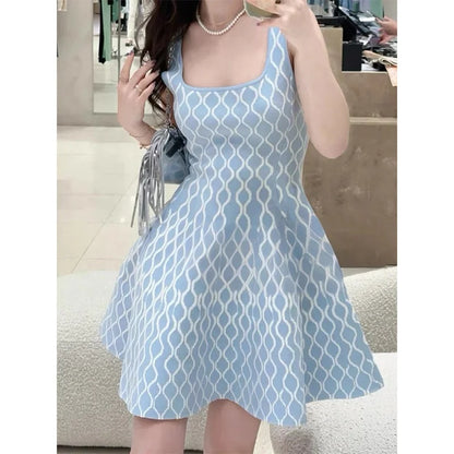 Women Blue Fashion U-Shaped Hemline Sleeveless Knit Dress