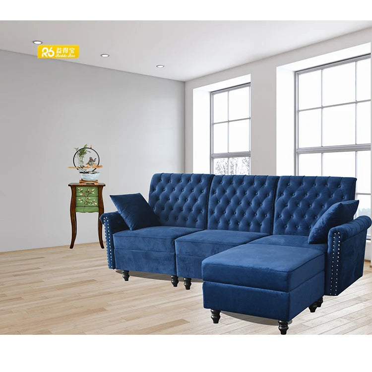 Modern Blue Velvet Chesterfield Sofa 3 Seat With Stool