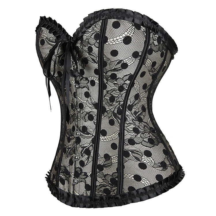 Overbust Corset Beige Satin Black Lace Polka Dot Corset