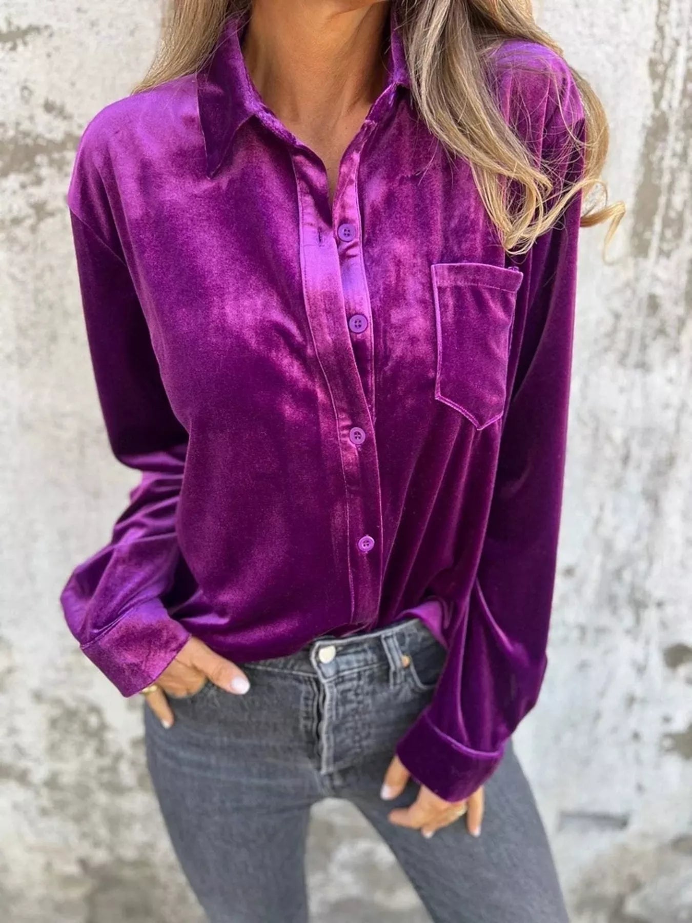 Full Size Velvet Button-Up Long Sleeve Shirt Plus Size - -
