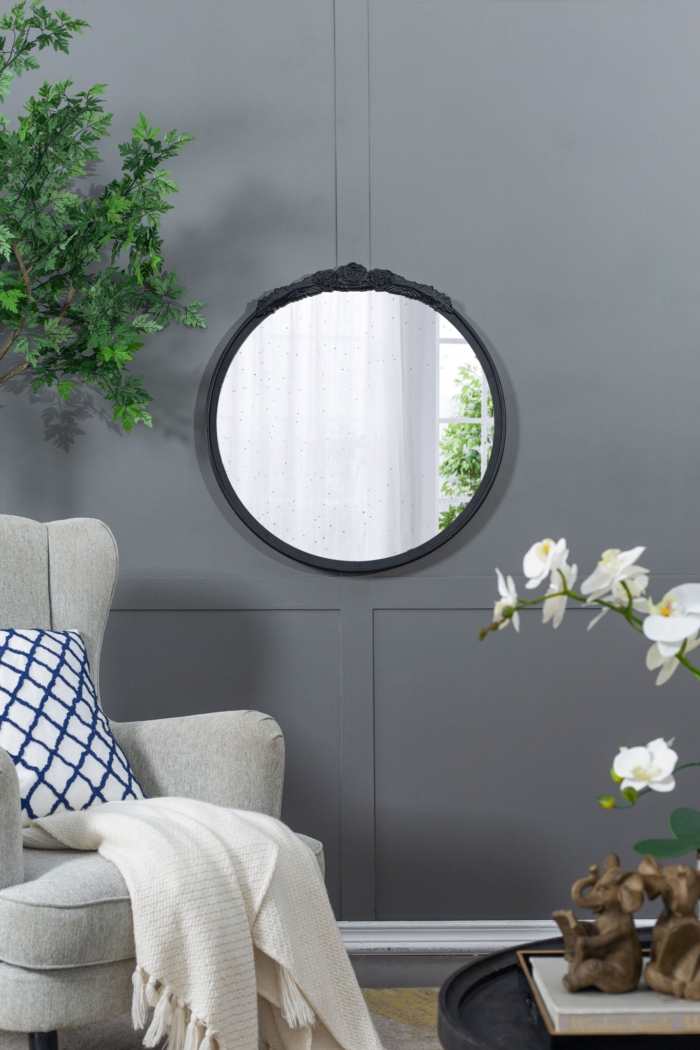 Round Hand Carved Rose Antique Mirror Frame, Wall Mirror For Live Space - - Wall Mirrors