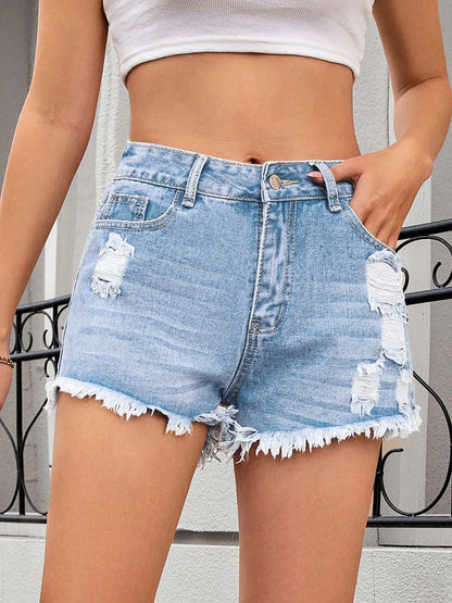 Distressed Raw Hem Denim Shorts - -