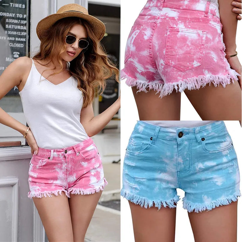 Medium Waist Light Washed Tie Dye Denim Shorts