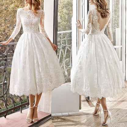 Long Sleeve Slim-fit Wedding Dress with Lace Skirt - - dress