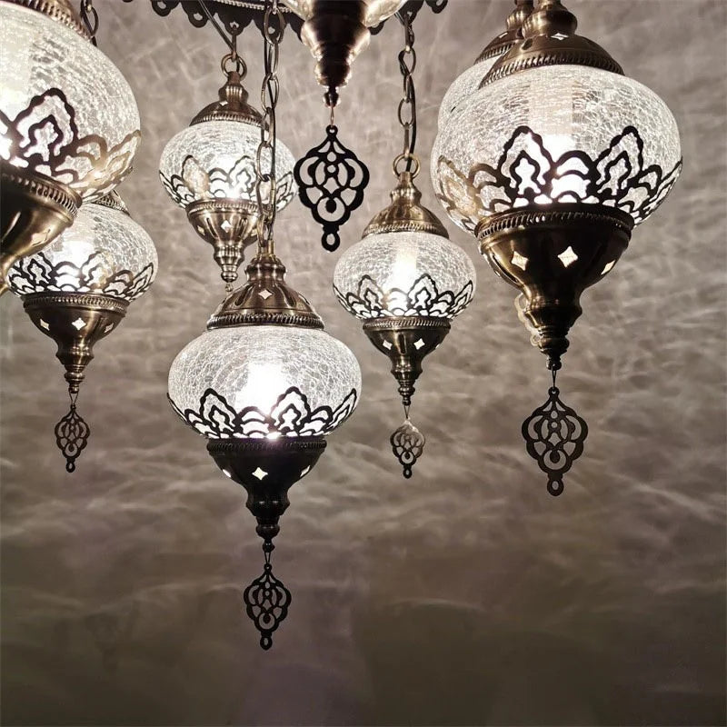 Moroccan Arabian Mosaic 9 Lights Pendant Lamp Kit Bronze Clear Crackle Glass