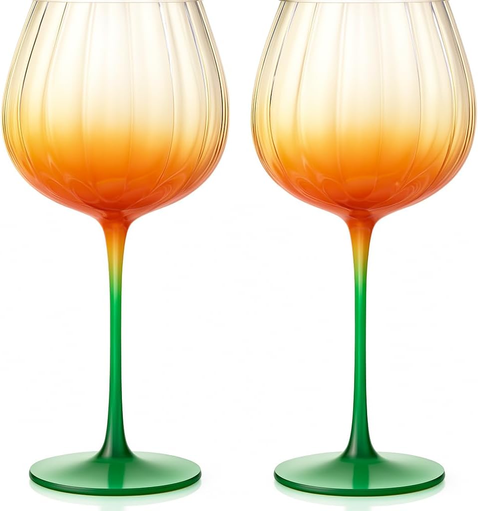 Khen Pumpkin Wine Glasses Fall Inspired Lightweight - Set of 2 Orange & Green - -