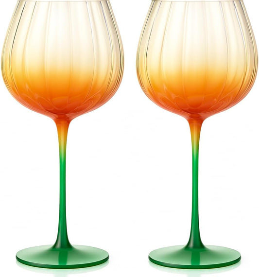 Khen Pumpkin Wine Glasses Fall Inspired Lightweight - Set of 2 Orange & Green - -