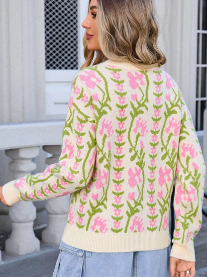 Angel Wings Flower Round Neck Long Sleeve Sweater - -