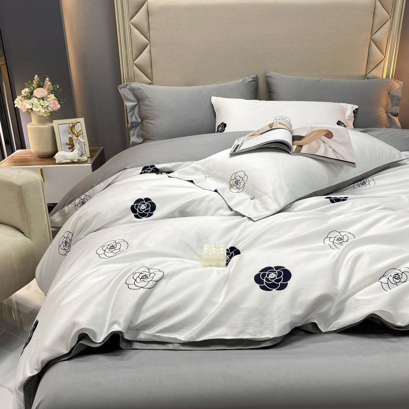 60s 100% Egyptian Organic Cotton White Gray Floral Pattern Bedding Sets