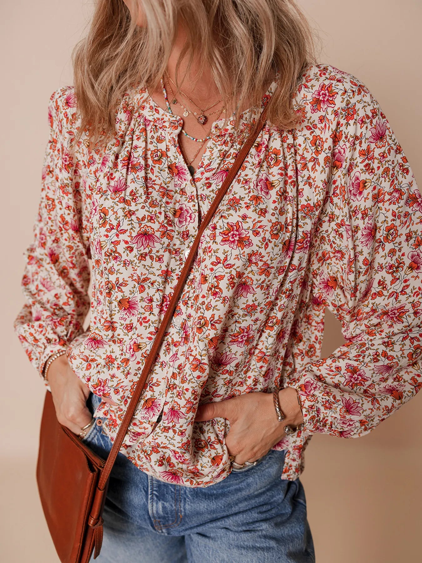 Floral Long Sleeve Button Down Blouse - -