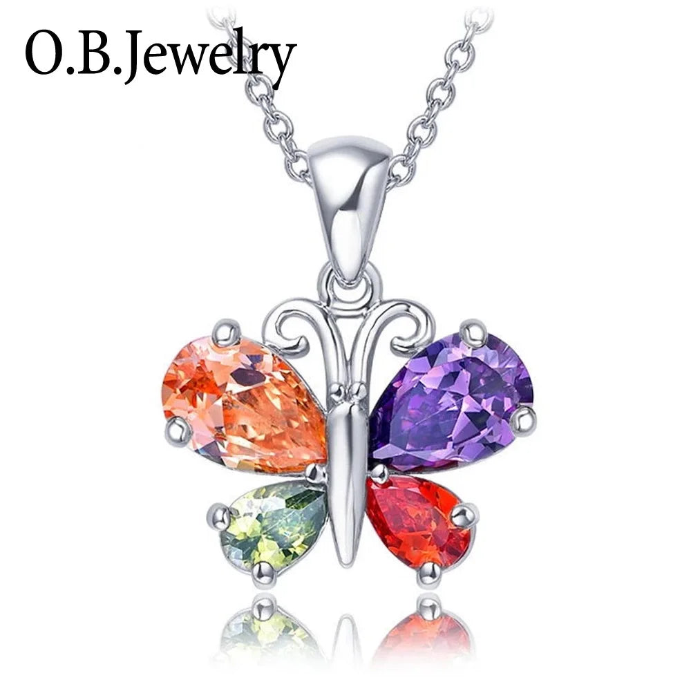 925 Sterling Butterfly Pendant Four Color Stone