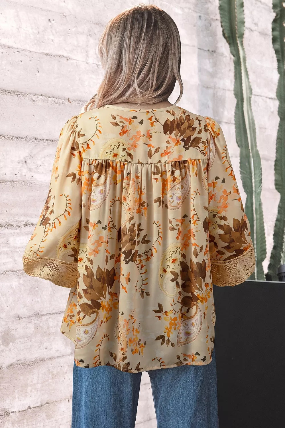 Paisley Print Decorative Binding Tape V Neck Shift Blouse - -