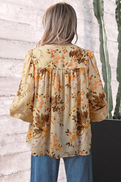 Paisley Print Decorative Binding Tape V Neck Shift Blouse - -