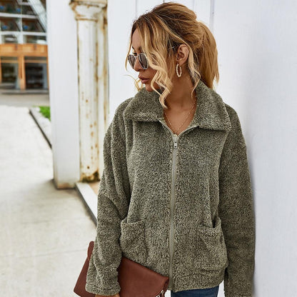 Thick Warm Fleece Coat with Turn-down Collar - Army Green M - Coat