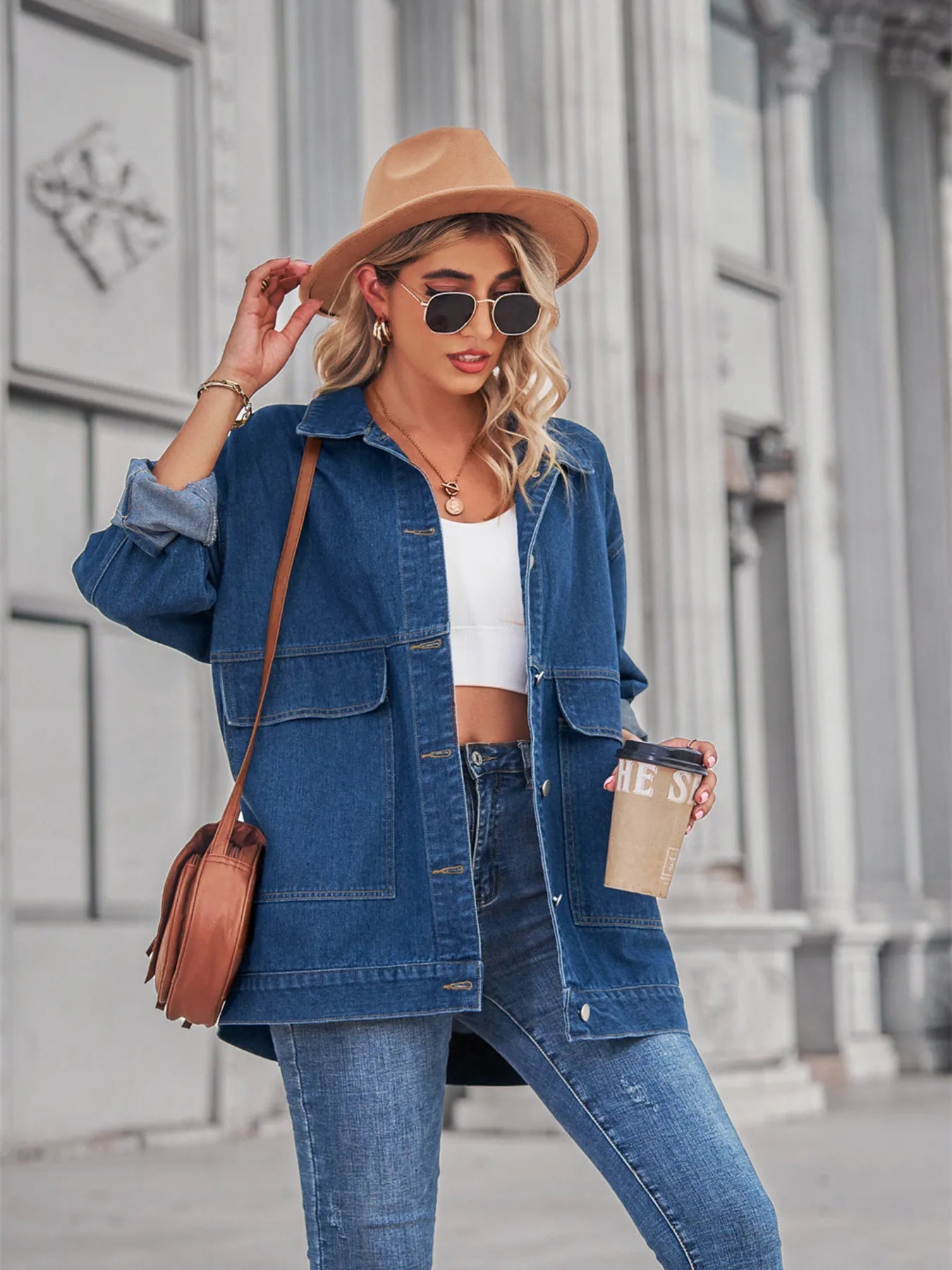 Button Up Long Sleeve Denim Jacket - -