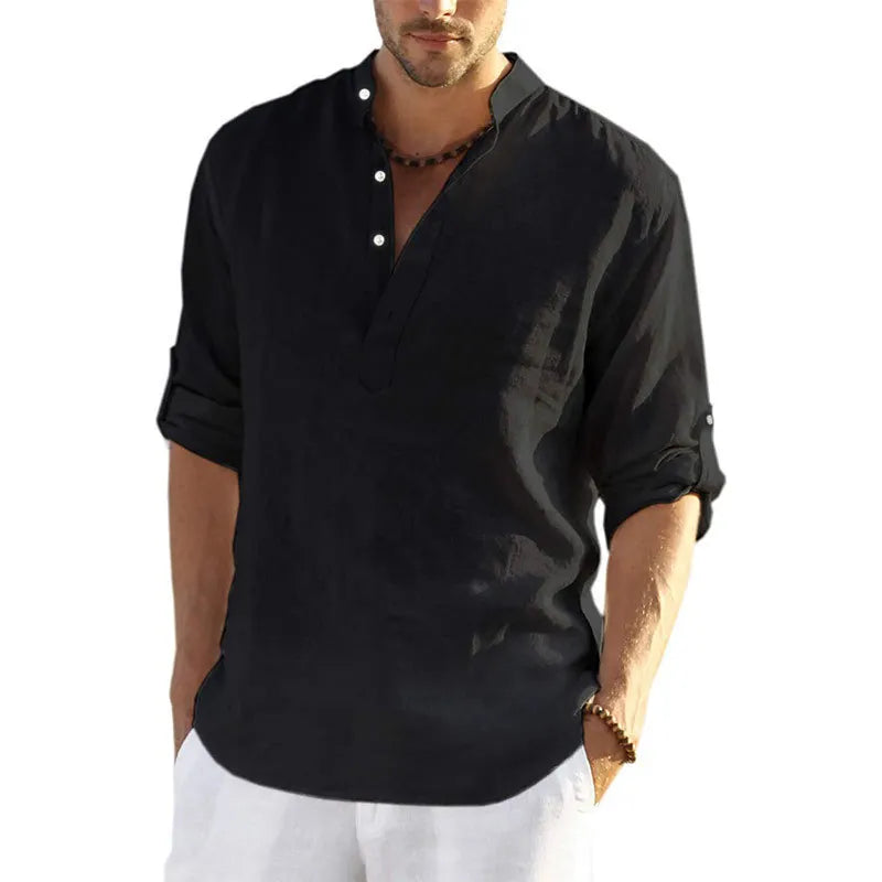 Men's Casual Blouse Shirt Loose Tops Long Sleeve Slim Fit Linen Shirts