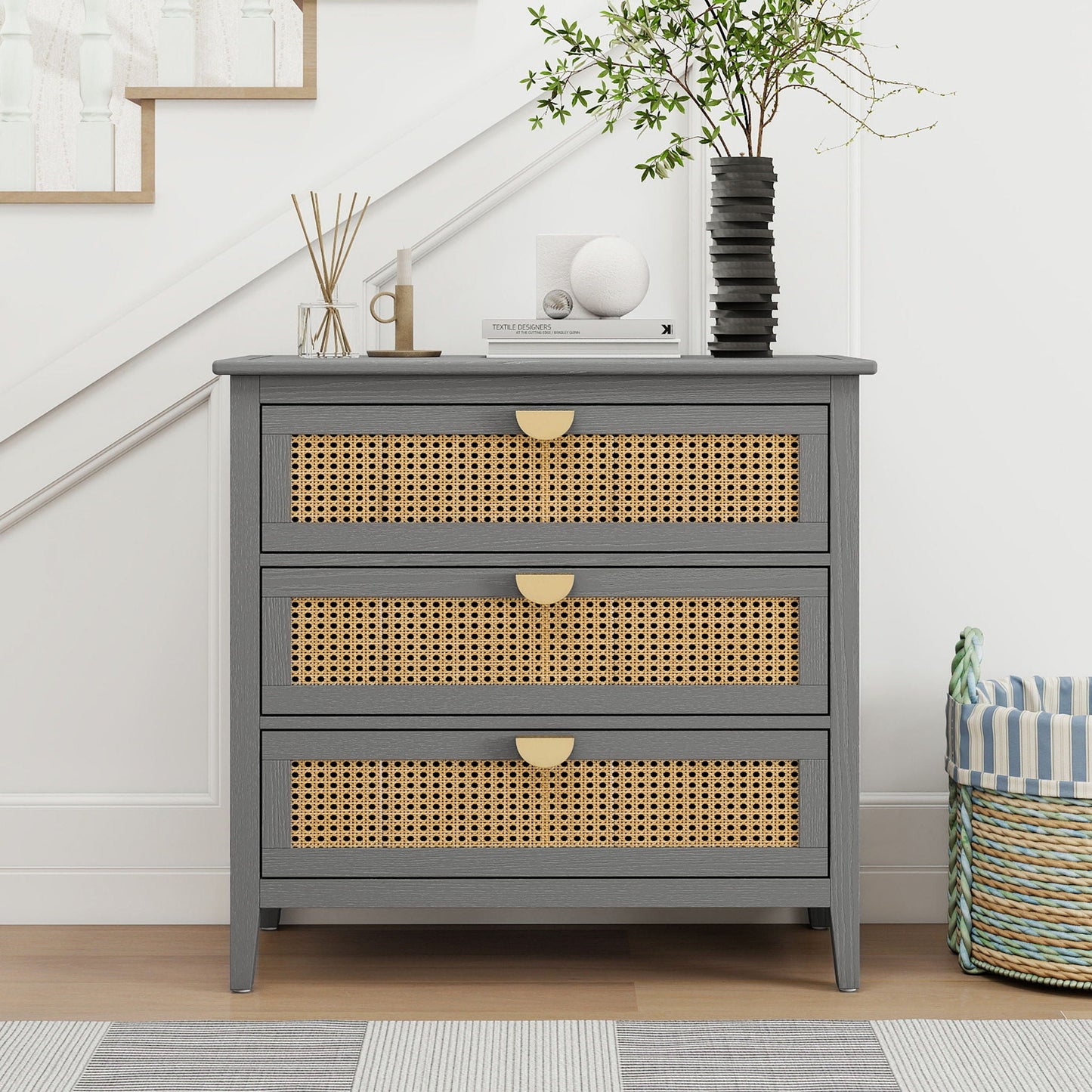 3 Drawer Cabinet, Natural Rattan, American Furniture- Unique Piece Furniture- {{Product type}}